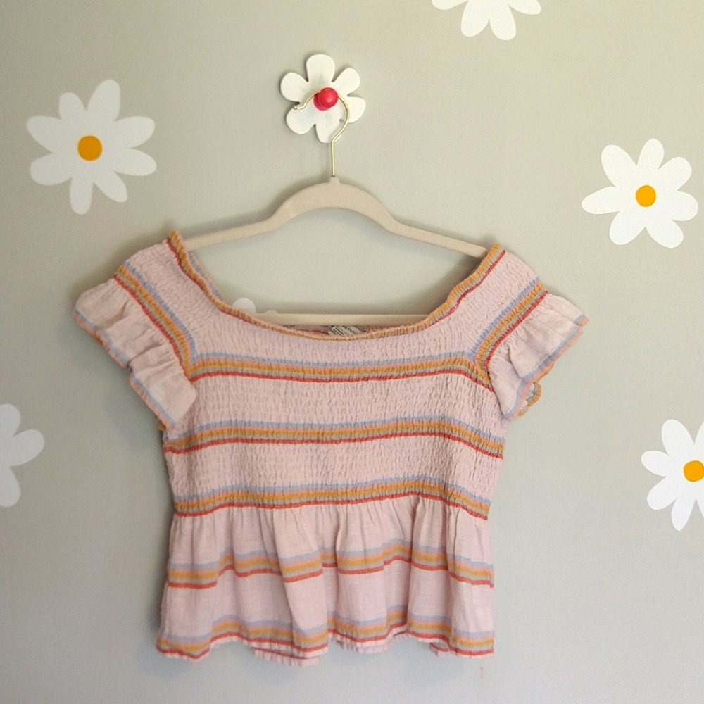 American Eagle Pinky-Beige Colorful Striped Smocked Ruffle Off-Shoulder Top